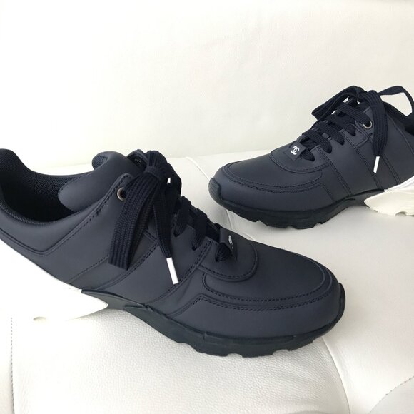 CHANEL NAVY LEATHER WHITE HEEL CC LOGO LACE UP SNEAKERS TRAINERS SHOES SIZE 38 - Picture 9 of 11